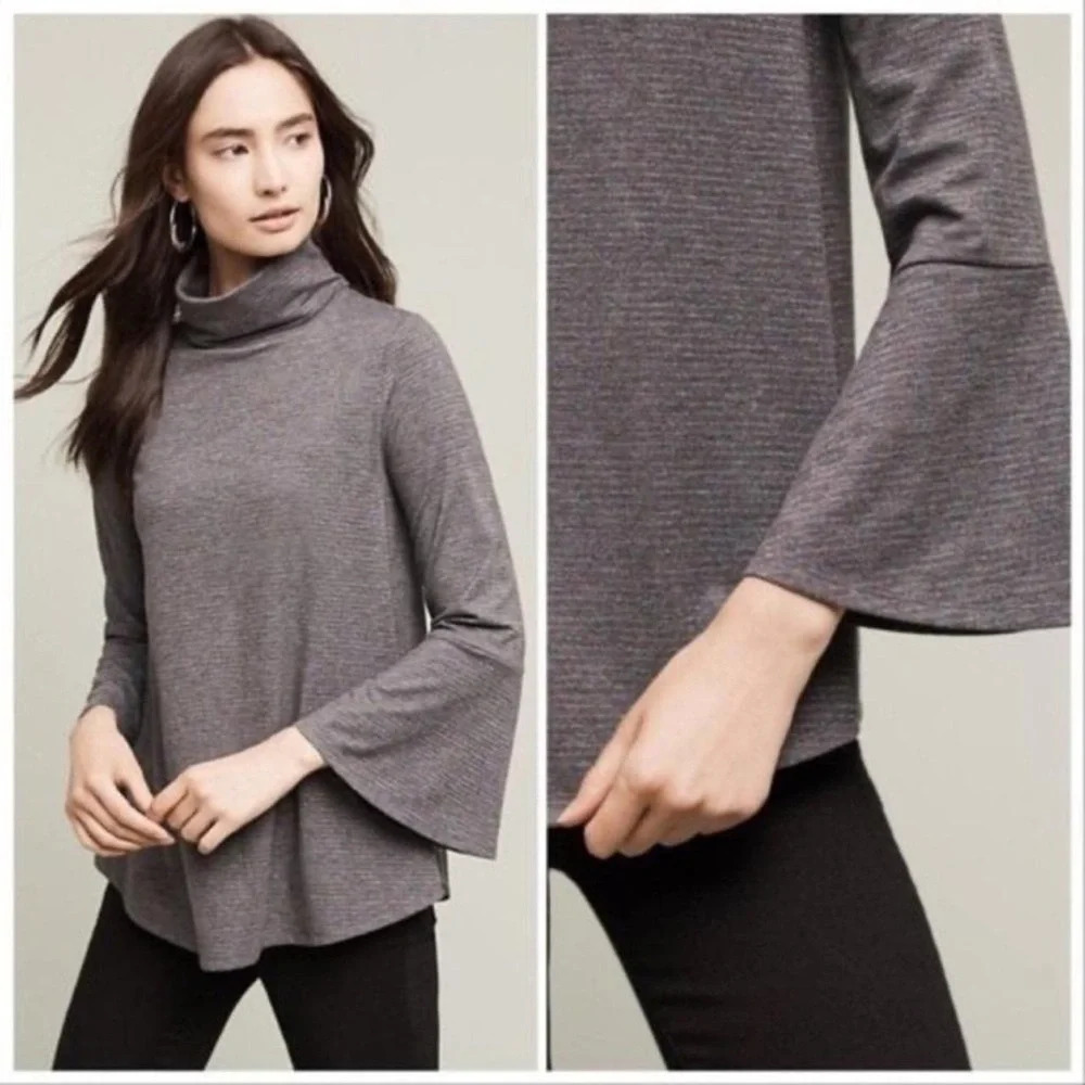 Anthropologie Postmark Grey Rainbow Metallic Stripe Bell Turtleneck Top Sz Small